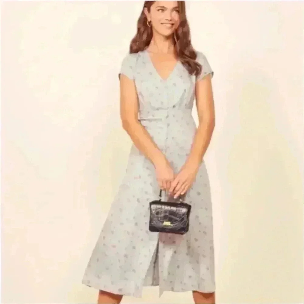 Reformation Denise Midi Dress Floral Light Blue V-Neck Tencel Lyocell Size S - Picture 8 of 8